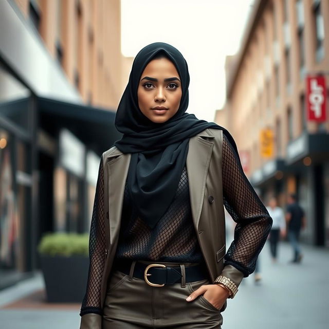 A striking hijabi girl standing confidently in stylish mesh clothing, showcasing a blend of modern fashion and cultural modesty