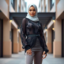 A striking hijabi girl standing confidently in stylish mesh clothing, showcasing a blend of modern fashion and cultural modesty