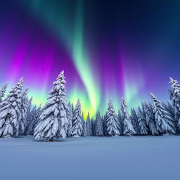 A stunning landscape of the northern lights over a serene snowy forest