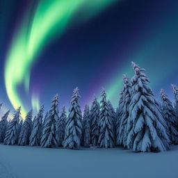 A stunning landscape of the northern lights over a serene snowy forest