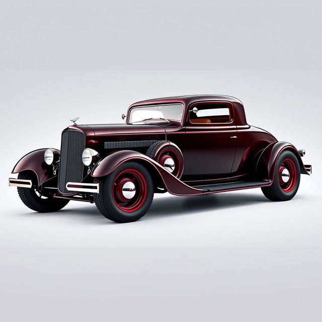 A custom car design fusing a 1932 black cherry Buick Victoria with a Camaro