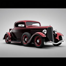 A custom car design fusing a 1932 black cherry Buick Victoria with a Camaro