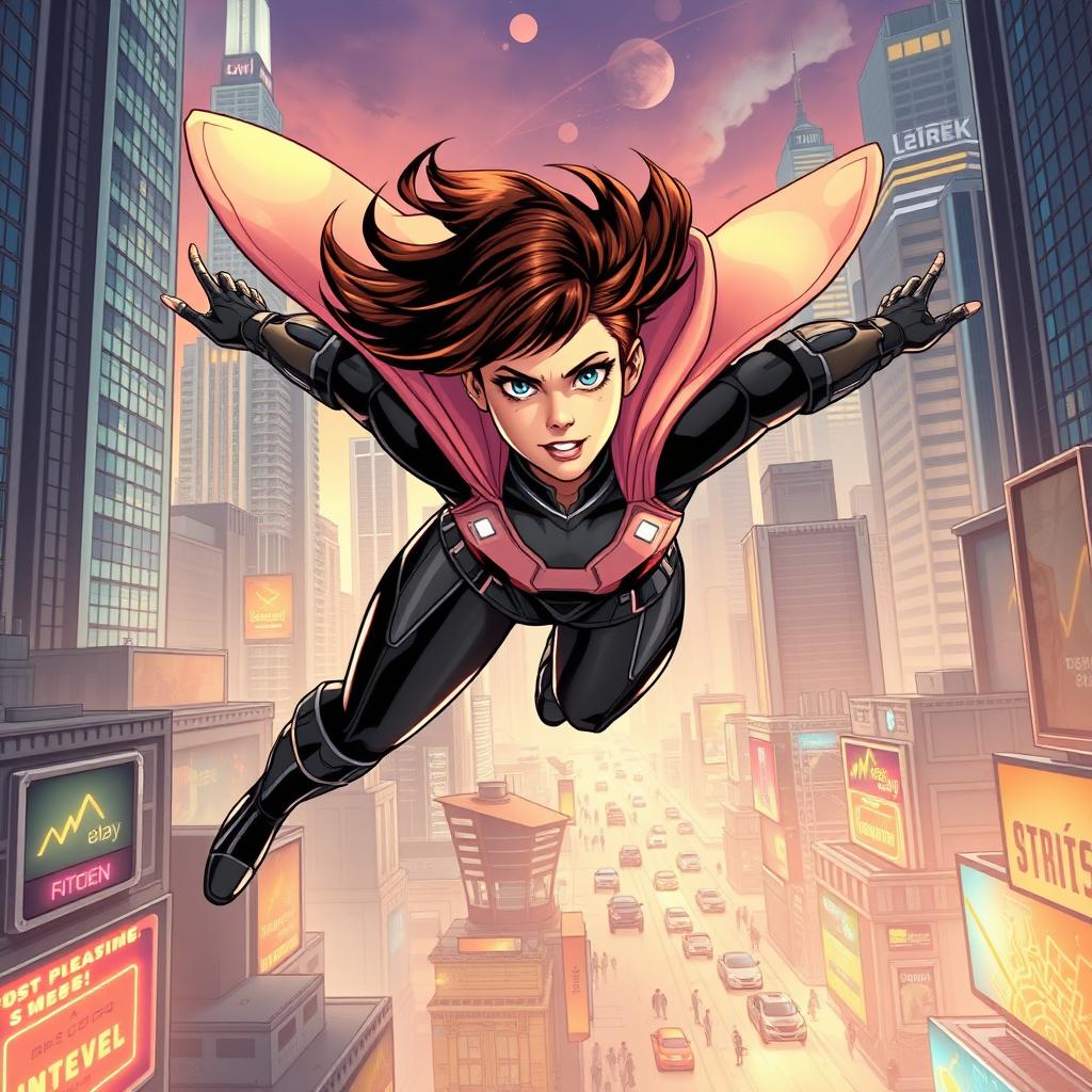 Comic book style scene of a young superhero flying through a futuristic cityscape