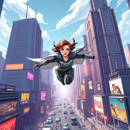 Comic book style scene of a young superhero flying through a futuristic cityscape