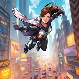 Comic book style scene of a young superhero flying through a futuristic cityscape