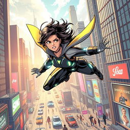 Comic book style scene of a young superhero flying through a futuristic cityscape