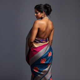 A curvy and dusky Desi woman gracefully wearing a backless saree paired with a bikini blouse