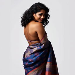 A curvy and dusky Desi woman gracefully wearing a backless saree paired with a bikini blouse