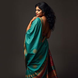 A curvy and dusky Desi woman gracefully wearing a backless saree paired with a bikini blouse