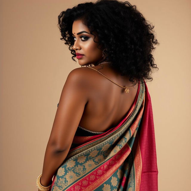 A curvy and dusky Desi woman gracefully wearing a backless saree paired with a bikini blouse