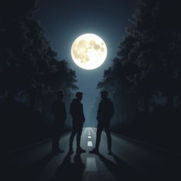 Four silhouettes of male friends standing in the middle of a gloomy road with trees around