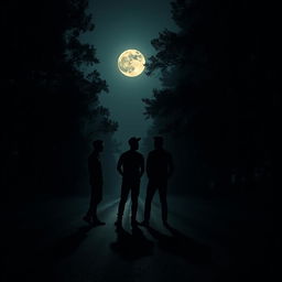 Four silhouettes of male friends standing in the middle of a gloomy road with trees around