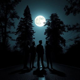 Four silhouettes of male friends standing in the middle of a gloomy road with trees around