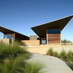 An architectural view of a uniquely designed home boasting two separate roof sections.