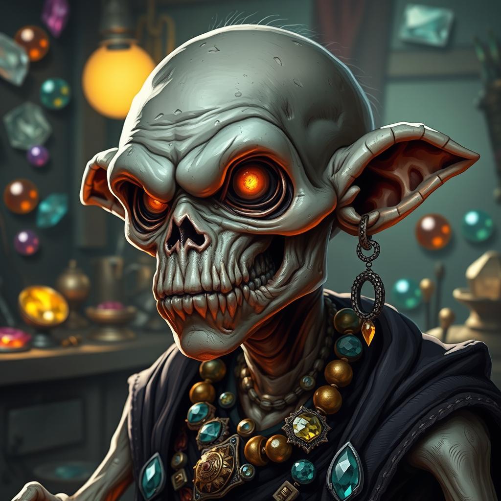 A realistic headshot of an undead goblin who works as a jeweler