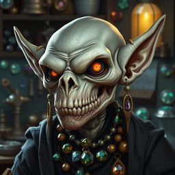 A realistic headshot of an undead goblin who works as a jeweler