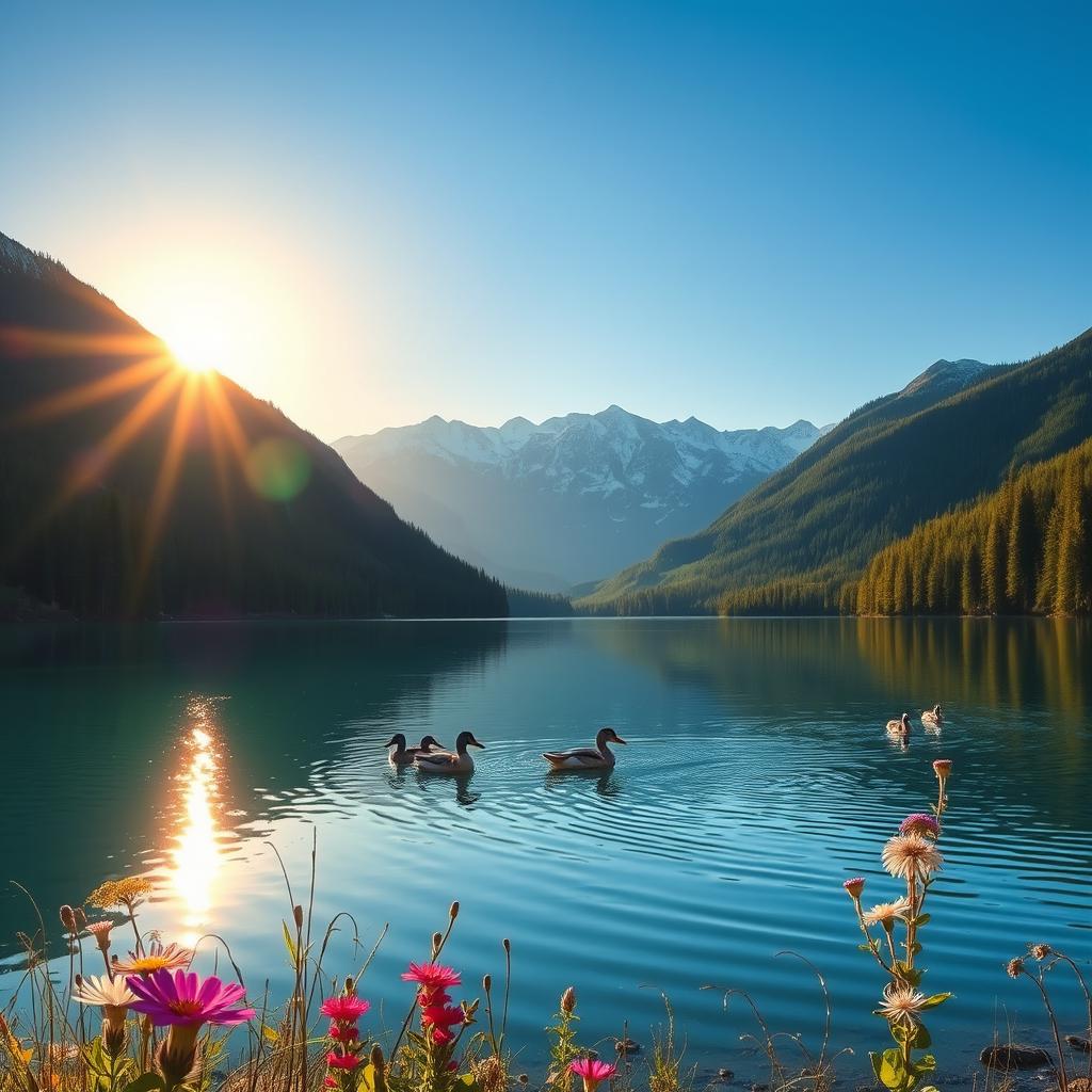 A serene landscape with a clear blue lake surrounded by lush green forests