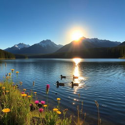 A serene landscape with a clear blue lake surrounded by lush green forests