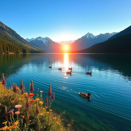 A serene landscape with a clear blue lake surrounded by lush green forests