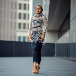 A stylish white hijabi girl standing confidently in fashionable mesh clothing paired with elegant heels