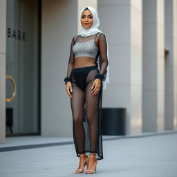 A stylish white hijabi girl standing confidently in fashionable mesh clothing paired with elegant heels