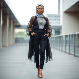 A stylish white hijabi girl standing confidently in fashionable mesh clothing paired with elegant heels