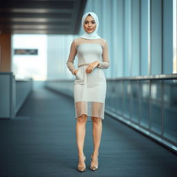 A stylish white hijabi girl standing confidently in fashionable mesh clothing paired with elegant heels