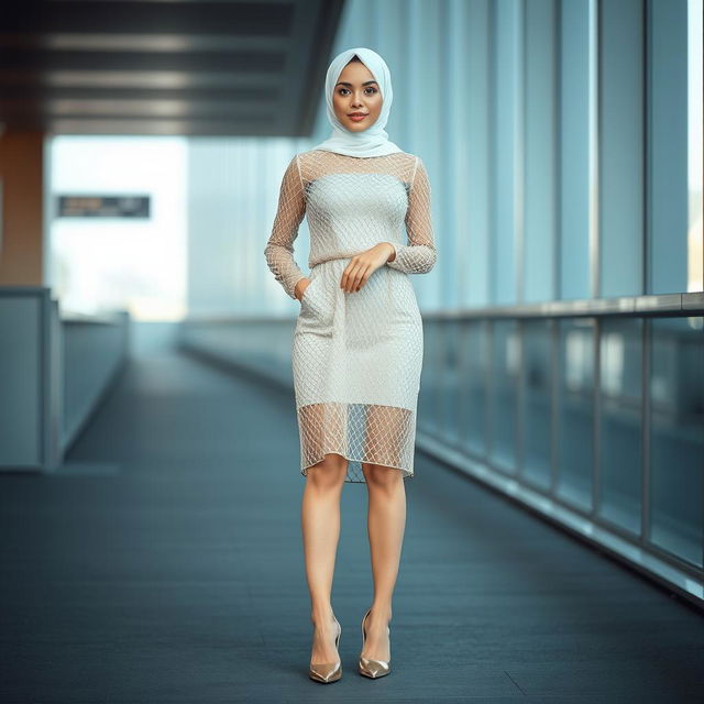 A stylish white hijabi girl standing confidently in fashionable mesh clothing paired with elegant heels