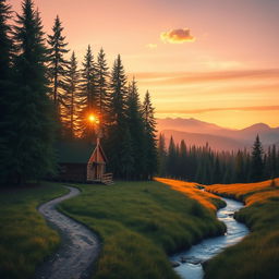 A serene landscape depicting a small cabin in the woods, surrounded by towering pine trees