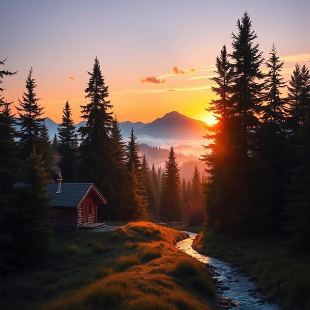 A serene landscape depicting a small cabin in the woods, surrounded by towering pine trees