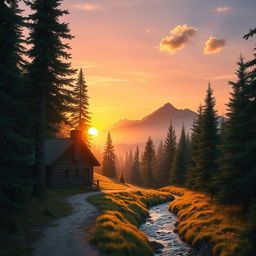 A serene landscape depicting a small cabin in the woods, surrounded by towering pine trees