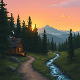 A serene landscape depicting a small cabin in the woods, surrounded by towering pine trees