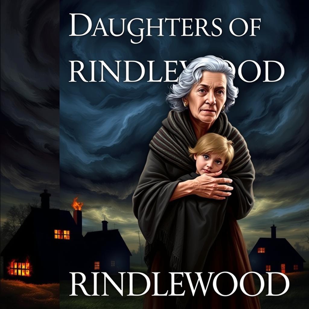 Book cover for 'Daughters of Brindlewood': A turbulent night sky filled with swirling storm clouds