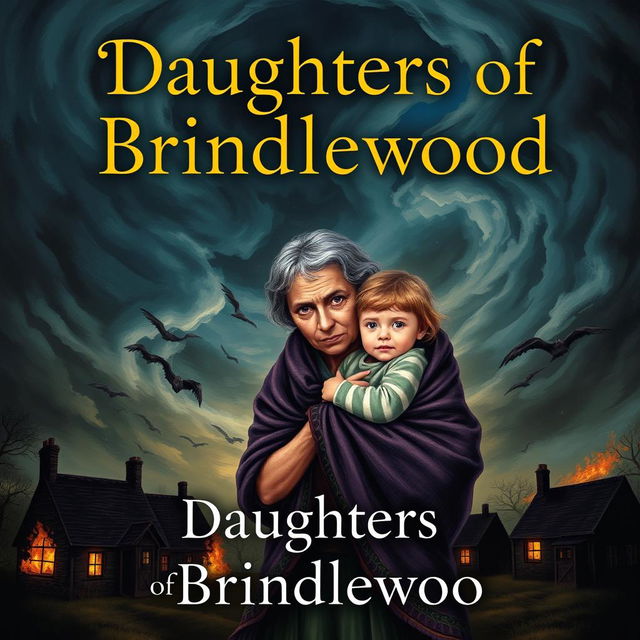 Book cover for 'Daughters of Brindlewood': A turbulent night sky filled with swirling storm clouds