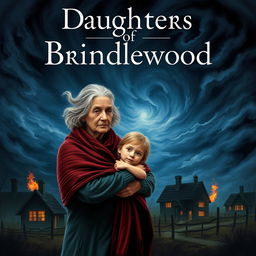 Book cover for 'Daughters of Brindlewood': A turbulent night sky filled with swirling storm clouds