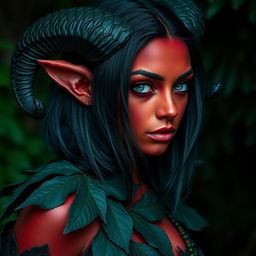 A striking Tiefling woman with deep red skin and elegant black ram horns curling around her ears