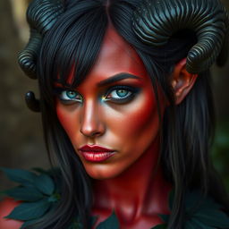 A striking Tiefling woman with deep red skin and elegant black ram horns curling around her ears