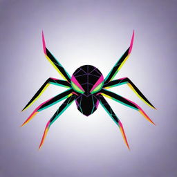 A Neo Tokyo style cartoon spider comprised of geometric triangles. The spider exhibits four distinct neon colors, creating a vibrant and eye-catching contrast