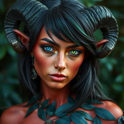 A striking Tiefling woman with deep red skin and elegant black ram horns curling around her ears