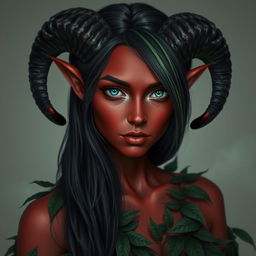 A striking Tiefling woman with deep red skin and elegant black ram horns curling around her ears