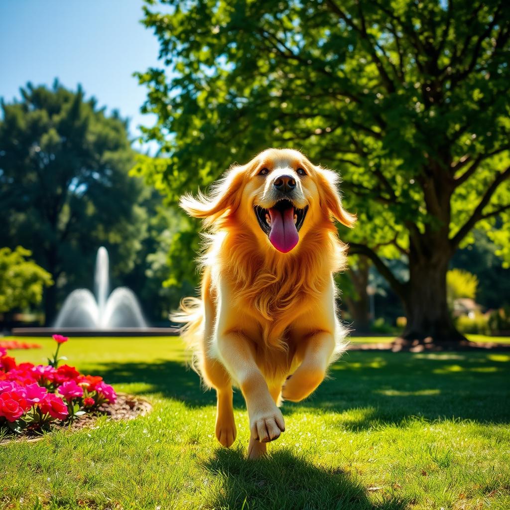 A majestic golden retriever playing in a lush, green park under a clear blue sky