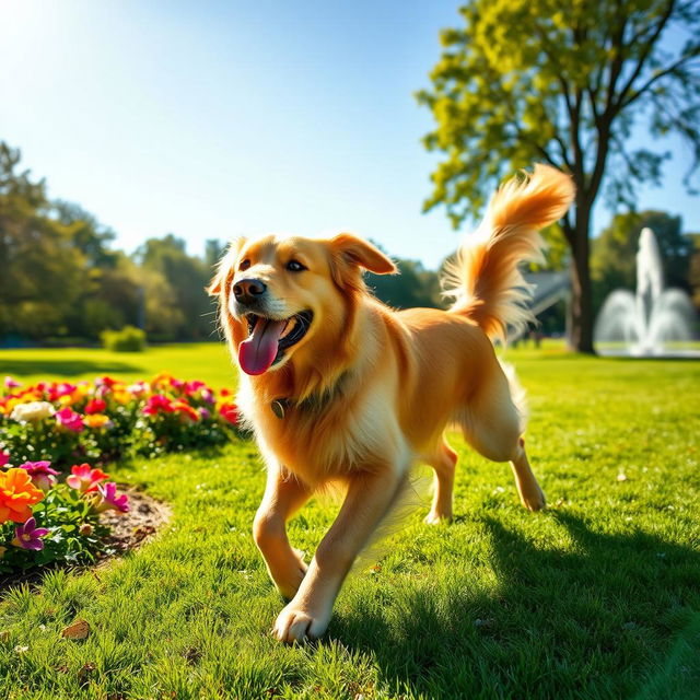 A majestic golden retriever playing in a lush, green park under a clear blue sky