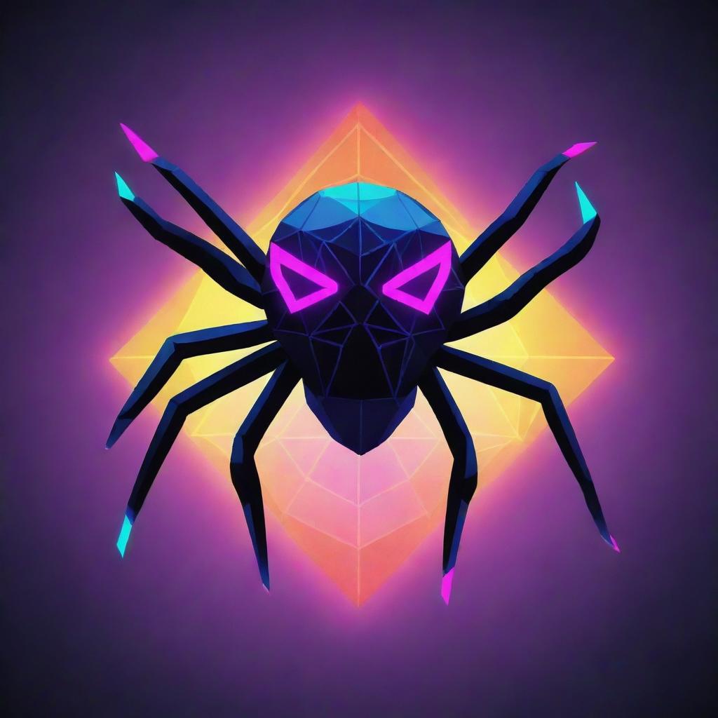 A Neo Tokyo style cartoon spider comprised of geometric triangles. The spider exhibits four distinct neon colors, creating a vibrant and eye-catching contrast