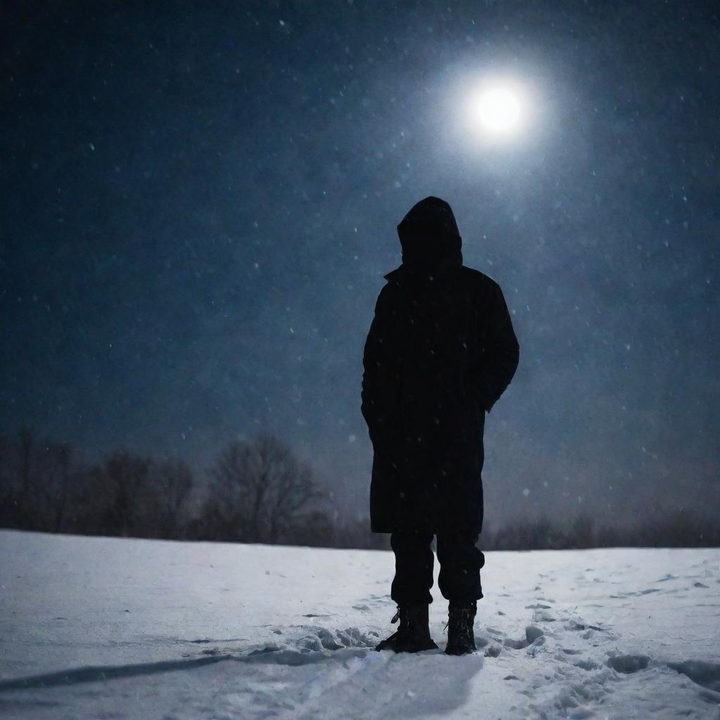 A silhouette of a person bundled in dark winter clothing, standing amidst falling snow on a moonlit night