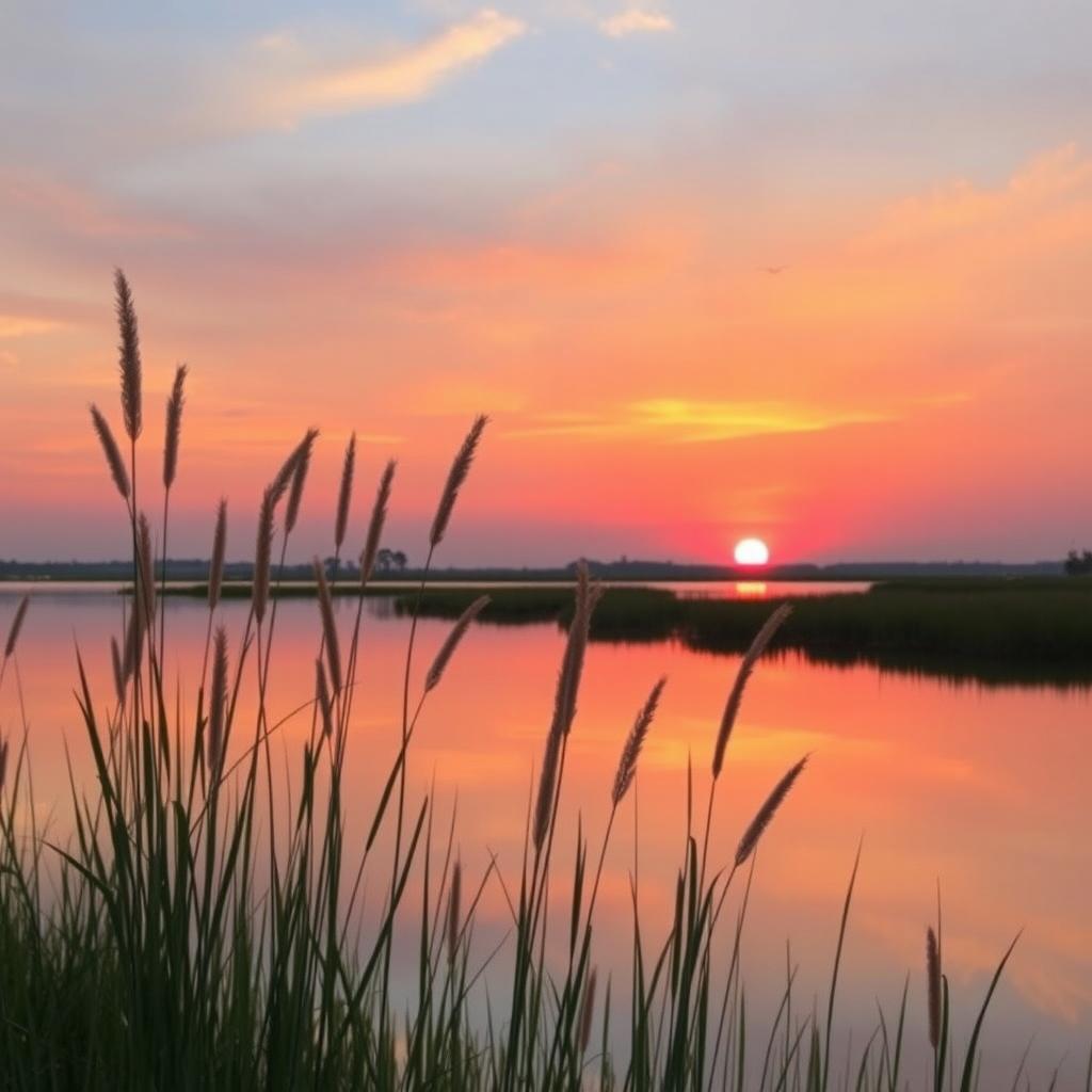 A serene landscape featuring a calm lake reflecting the vibrant colors of a sunset