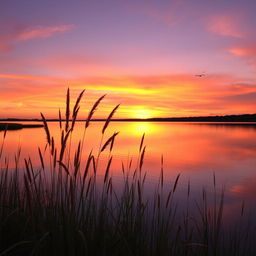 A serene landscape featuring a calm lake reflecting the vibrant colors of a sunset