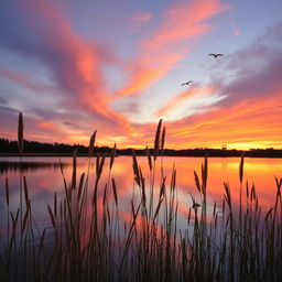 A serene landscape featuring a calm lake reflecting the vibrant colors of a sunset