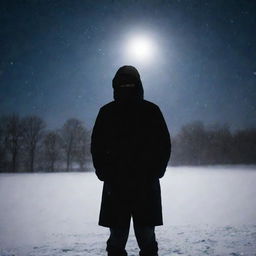 A silhouette of a person bundled in dark winter clothing, standing amidst falling snow on a moonlit night