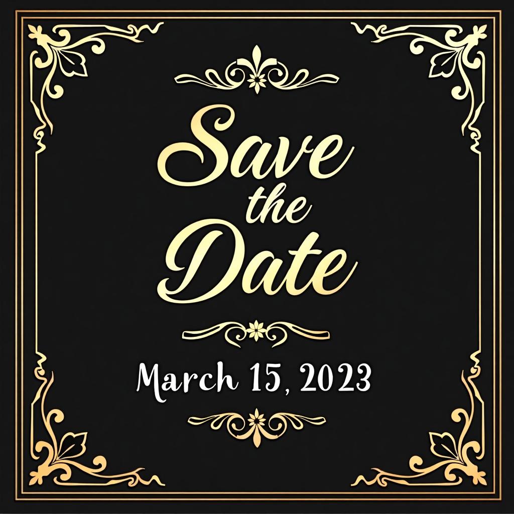 A stunning save the date card design featuring an elegant black and gold color scheme