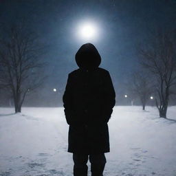 A silhouette of a person bundled in dark winter clothing, standing amidst falling snow on a moonlit night